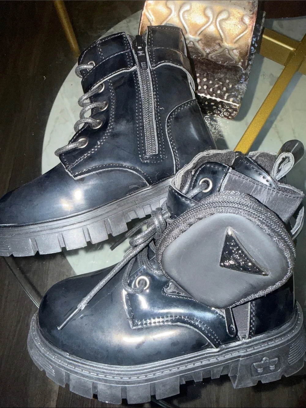 Kids Black Lace-Up Combat Boots with Side Zipper